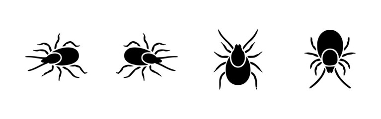 Collection of several black ticks insects isolated on a white surface. The illustrations highlight the unique features of each insect in different positions