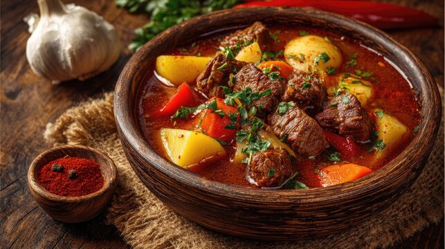 Hearty beef stew in a wooden bowl