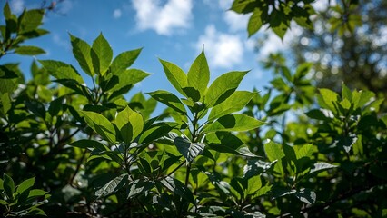 Obraz premium Lush green leaves against a partly cloudy sky.