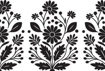 Scandinavian folk floral motif, horizontal divider with symmetrical daisies and leaves, Adobe Illustrator Artwork