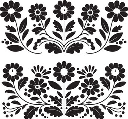 Scandinavian folk floral motif, horizontal divider with symmetrical daisies and leaves, Adobe Illustrator Artwork