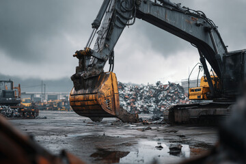 Excavator and scrap metal: Heavy machinery working to process and recycle metal in an industrial setting.