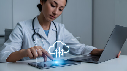 A healthcare professional utilizes a tablet with cloud computing, merging technology with medicine in a modern office setting.