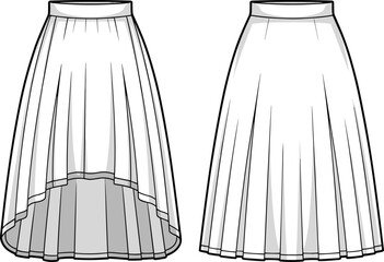 High-low and A-line skirt vector, CAD fashion drawing, flat illustration, apparel design template, garment sketch for pattern making