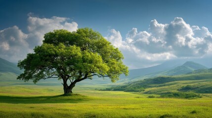 Fototapeta premium A solitary tree stands proudly in a vast landscape, with a vibrant green field under a beautiful blue sky