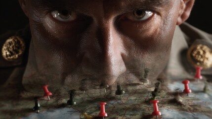 Intense commander overlaid with tactical maps for strategic visualization