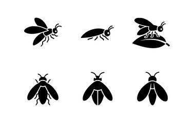 Set of fireflies insect glyphs in black color with several kind of angle. A great image to learn insect