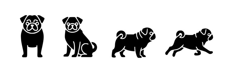 Set of four elegant silhouette pugs in various poses, perfectly depicting their adorable nature. They capture the essence of these charming companions