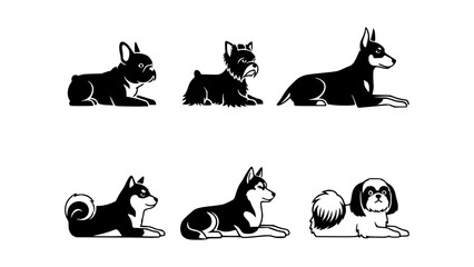 A diverse collection of six different breeds of dogs, each posed in a relaxed lying-down position