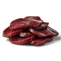 A pile of thinly sliced raw red meat steaks isolated on white background