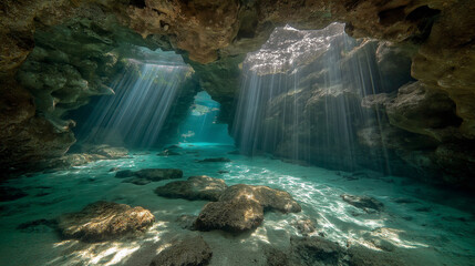 Mystical sunlight streams into a hidden underwater cave, revealing the crystal-clear turquoise waters and ancient rock formations, creating a breathtaking and serene natural landscape