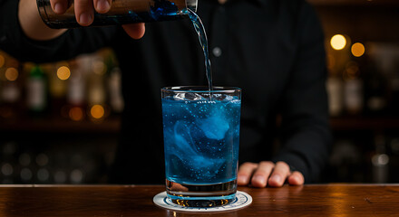 Bartender pouring vibrant blue cocktail into glass filled with ice.