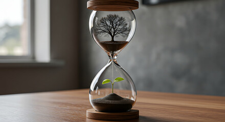 An hourglass with a tree and sprout symbolizes time, growth, and life's journey.