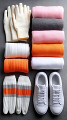 Stylish winter accessories including gloves and boots with a soft color palette on a flat lay background, perfect for cozy outfits