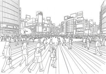 Shibuya Crossing (渋谷スクランブル交差点) in Japan one line drawing style