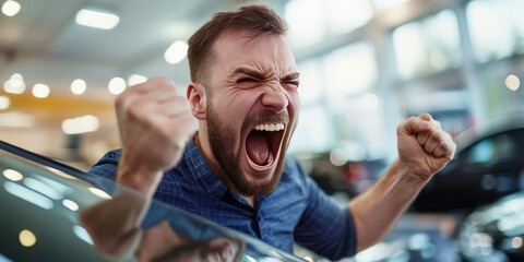 Man with beard cheering for new car purchase