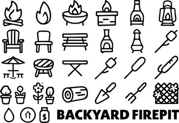 A cozy backyard firepit icon set featuring campfire, marshmallow roasting, firewood, outdoor seating, grill, and BBQ tools in a clean vector outline style.

