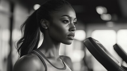 African American woman exercising with weight machine
