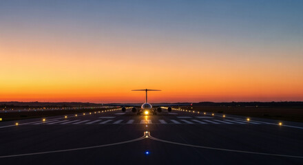 Airplane on Runway at Dusk with Lights