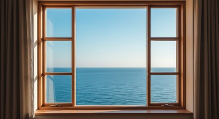 Wooden window frames a picturesque view of the sky, sea, and interior room, blending architecture and home design