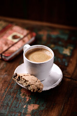 Cup of coffee on wooden background. Soft focus. Copy space