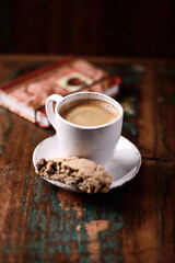 Cup of coffee on wooden background. Soft focus. Copy space	
