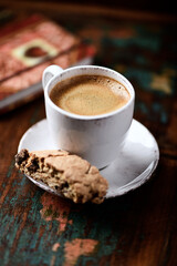 Cup of coffee on wooden background. Soft focus. Copy space	