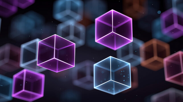 Abstract digital blockchain network with glowing cubes floating in a futuristic dark background