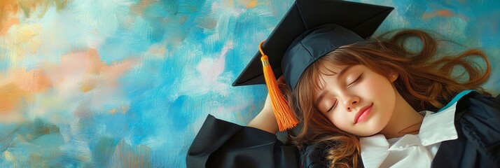 A young graduate is seen resting or possibly dreaming, dressed in a graduation gown and cap. This image captures the tranquil moment before a significant milestone in academia.