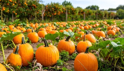 Orange pumpkins in a field