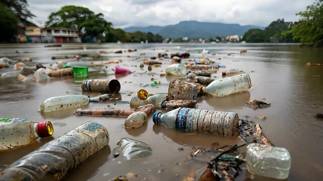 Plastic bottles and trash pollute a river after a flood, 4k video