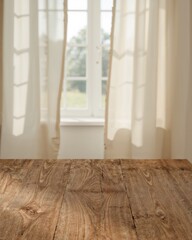 Fototapeta premium Warm Rustic Oak Tabletop with Sunlight Streaming Through Window, Perfect for Product Mockups and Backdrops