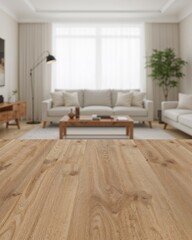 Warm-Toned Oak Tabletop with Subtle Wood Grain in a Bright Room Setting, Perfect for Mockups and Product Displays with a Natural and Inviting Atmosphere