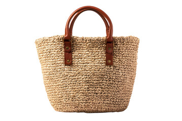 Woven straw beach bag with sturdy leather straps isolated on clean white background perfect for summer style