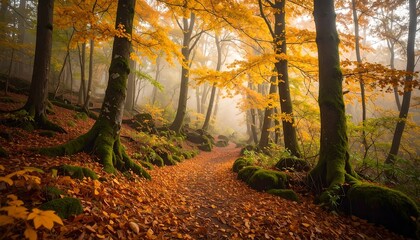 Autumnal forest path shrouded in mist
