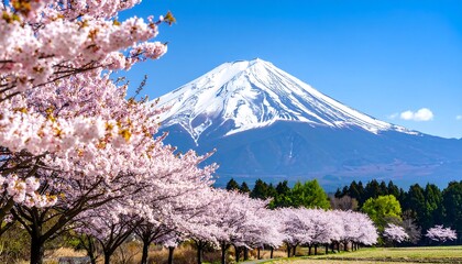 Spring blossoms and a snow-capped mountain
