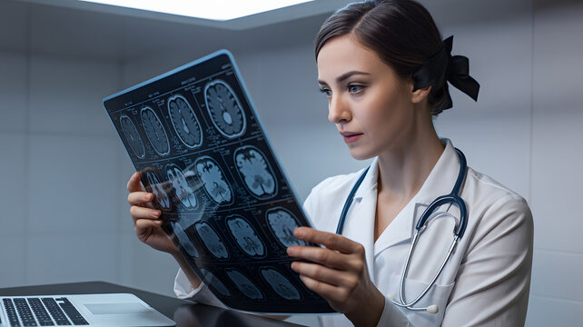 Focused doctor analyzes a brain scan, reviewing medical diagnostics with her laptop in a clinical setting, displaying healthcare expertise.
