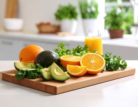 Fresh fruits and vegetables on a wooden cutting board in a kitchen