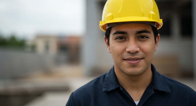 Confident Construction Worker Portrait - A young Hispanic man smiles confidently while wearing a yellow hard hat on a construction site - Powered by Adobe