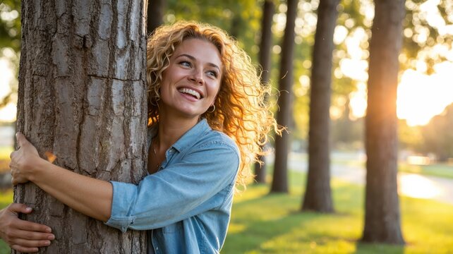 Smiling woman hugging tree in park with sunlight shining through forest, symbolizing nature connection and environmental care.