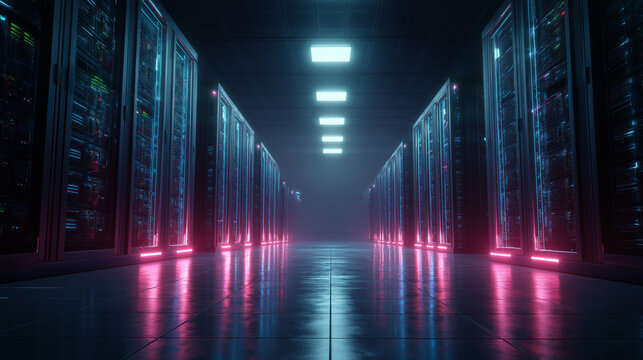 Data Center Servers Rows of lit computer equipment for efficient data storage
