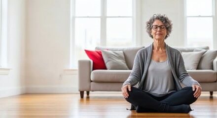 Senior woman practicing meditation at home sitting on wooden floor with eyes closed and peaceful expression and copy space.