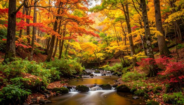 Autumnal forest stream. Lush foliage in vibrant autumn colors,  a flowing stream winds through the woods