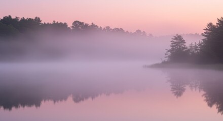 Fototapeta premium Misty Morning Lake Reflection - Serene landscape of a misty lake at dawn, reflecting the pink sunrise and silhouetted trees. Symbolizing peace, tranquility, mystery, nature's beauty, and reflection
