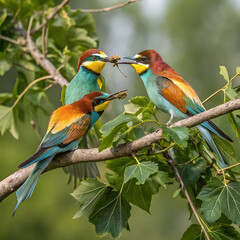 Obraz premium colorful bee eaters sharing food on the tree branch