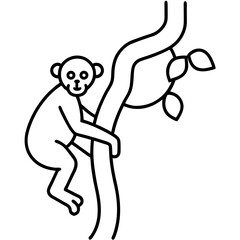 Black and white line art of a playful monkey climbing a tree