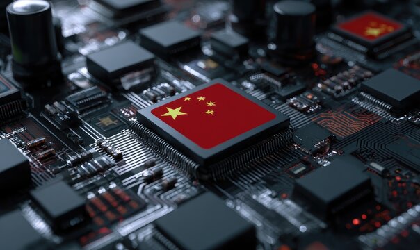 Close-up of a circuit board with a CPU chip featuring the Chinese flag