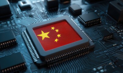 A circuit board with a Chinese flag-shaped processor chip