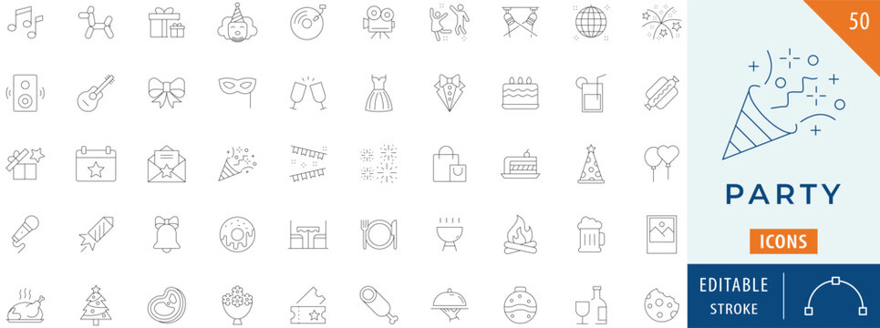 Party icon collection set. Editable stroke.