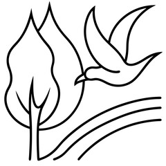 Elegant black line art of a bird soaring above trees